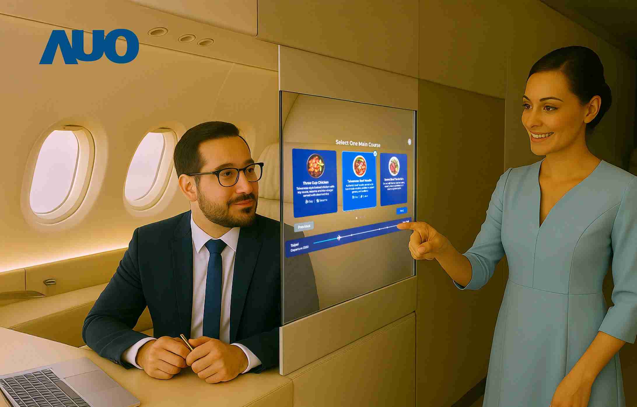 彩运网研发全球最薄17.3 吋双面透明 Micro LED 显示器，，可在同一屏幕之双边投射不同信息，，创造独特的”透明化”互动；图为实时翻译交流应用情境